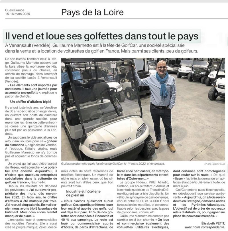 ARTICLE OUEST FRANCE sur la société GolfCar