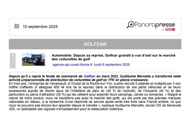 Article OUEST FRANCE Golfette GolfCar